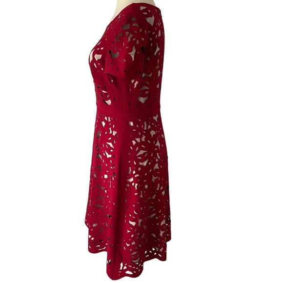 Moulinette Soeurs Red Laser Cut Floral Midi Dress - Size 4 - Picture 5 of 15